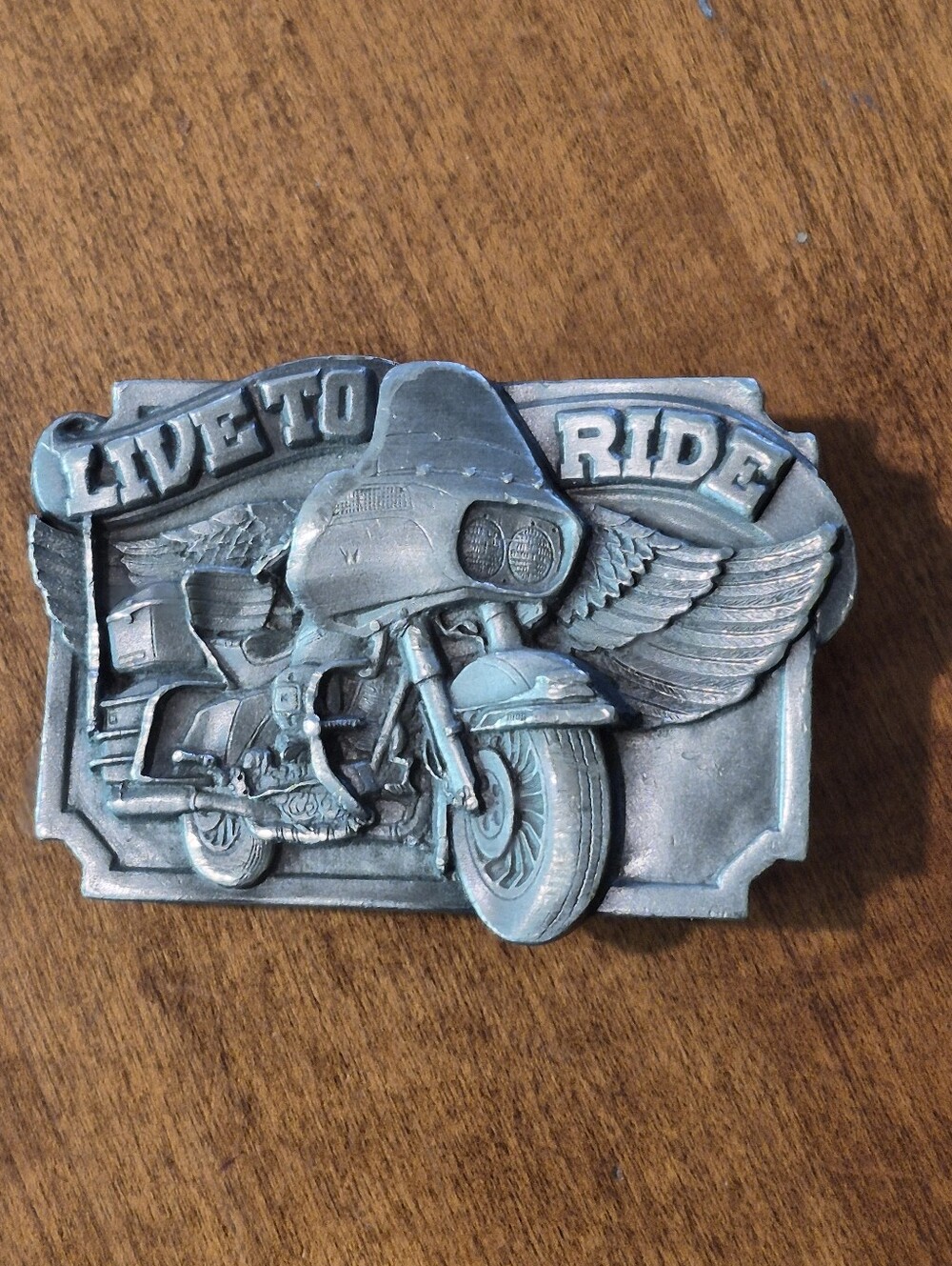 Vintage 1983 Siskiyou Live to Ride Winged Motorcycle Pewter Belt Buckle
